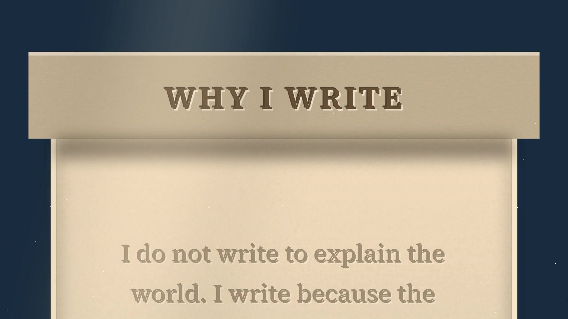 The words WHY I WRITE cut into a stone lintel above a lit room.